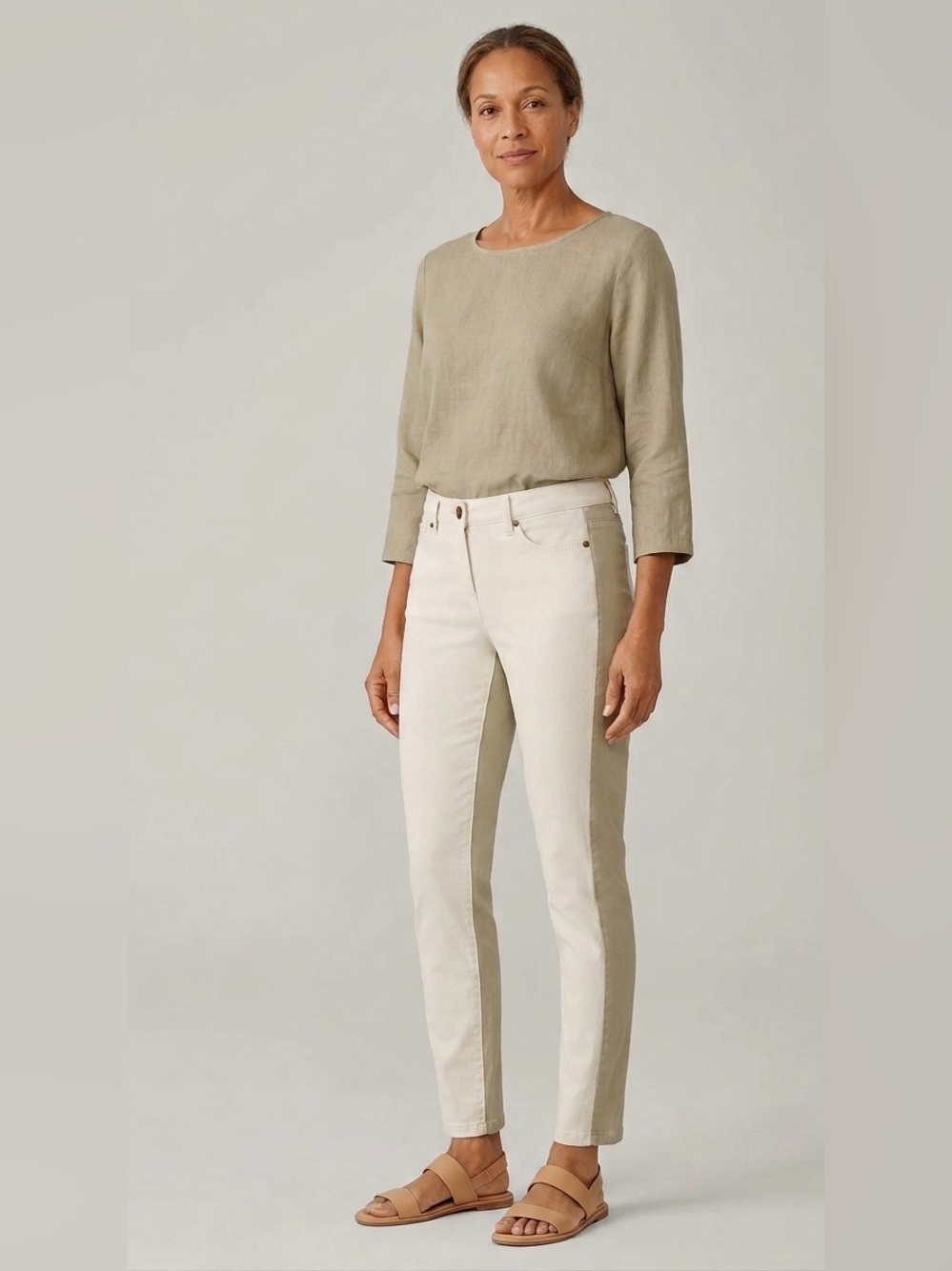 Eileen Fisher Colorblock Slim Ankle Pants Cream White & Beige Side Stripe Panel